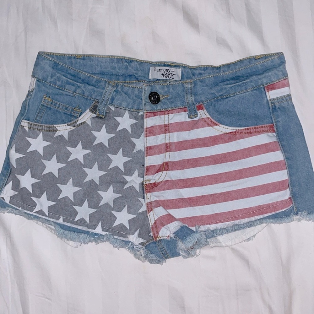 🇺🇸 Harmony + Havoc Flag Stars Stripes Jean Denim Cutoff Shorts Sz 8 Low Rise